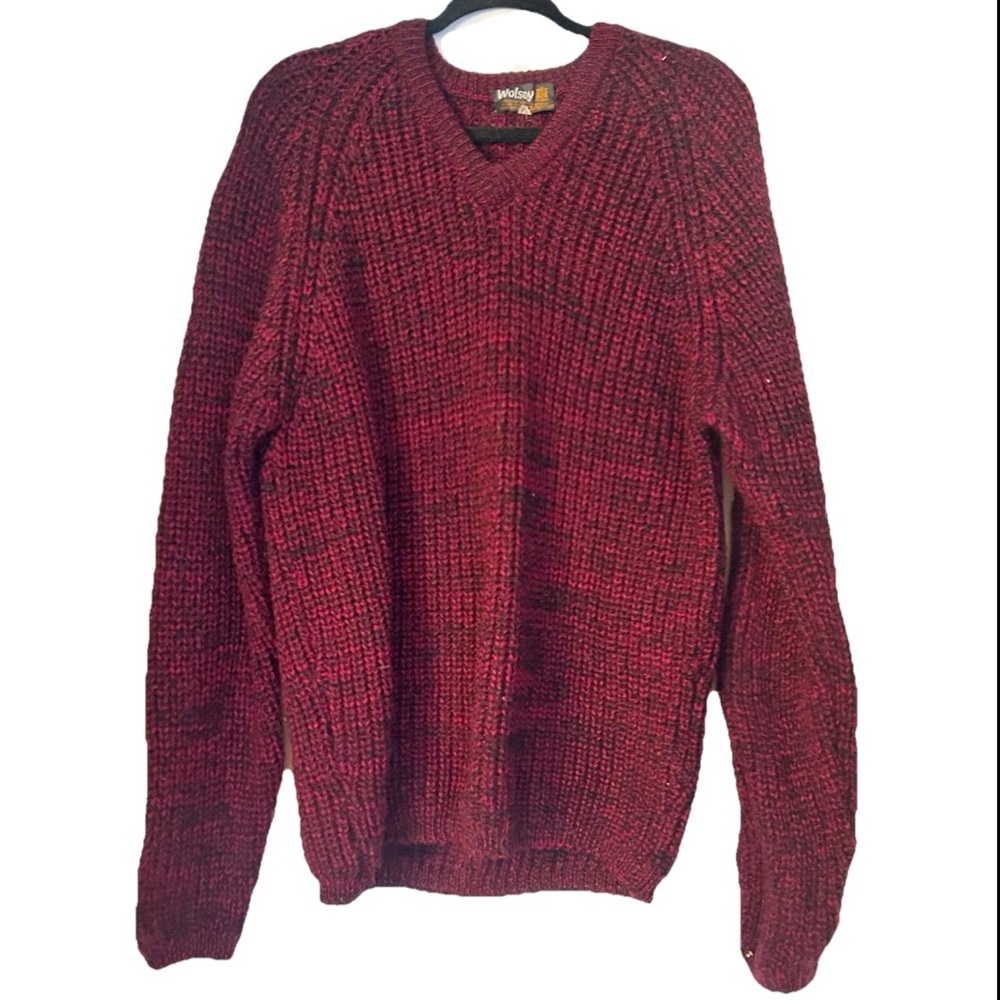 Vintage 1980s Wolsey 100% Wool Men's Burgundy Knit V-Neck Sweater Made England